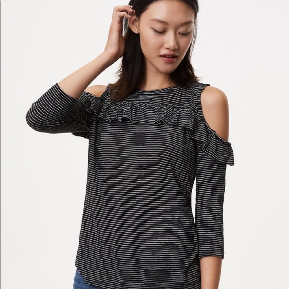 LOFT Navy + White Cold Shoulder Top